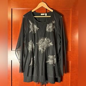 LOGO Lavish Black Floral Embroidered  Mesh Blouse Size 2X